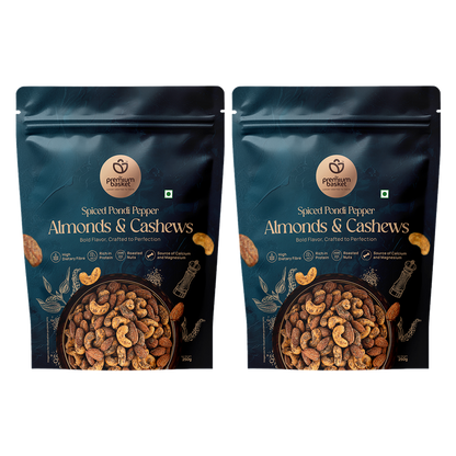 Spiced Pondi Pepper Almonds & Cashews snack bag, two-pack showing front views