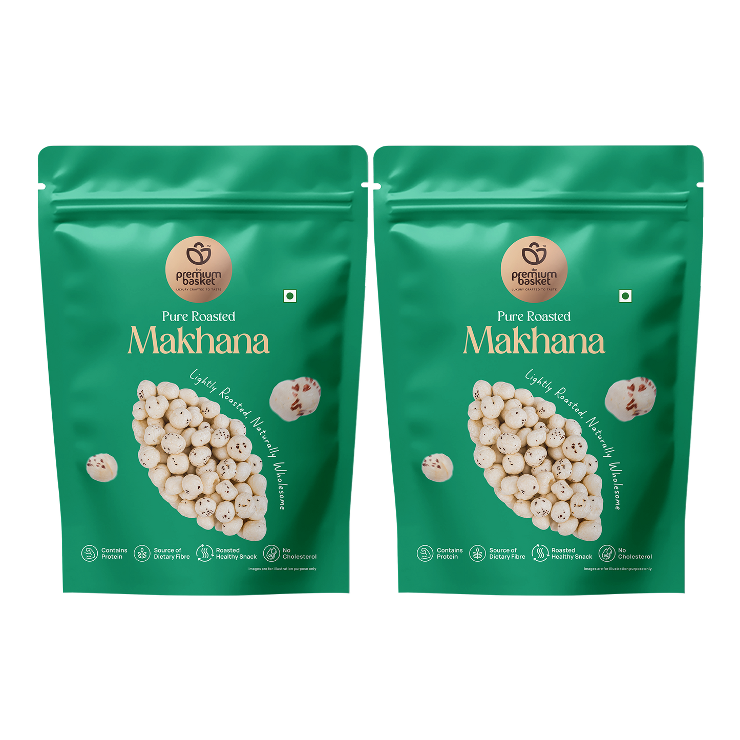 Roasted makhana snack in green stand-up pouches, two-pack of snack bags