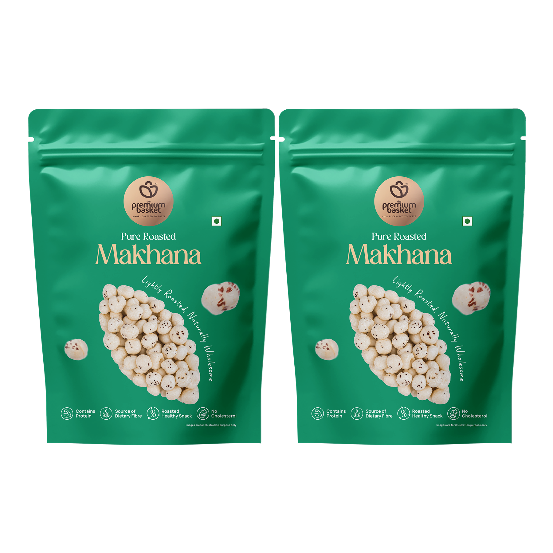 Roasted makhana snack in green stand-up pouches, two-pack of snack bags