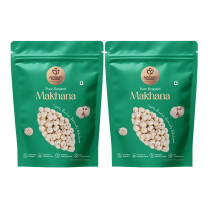 Roasted makhana snack in green stand-up pouches, two-pack of snack bags