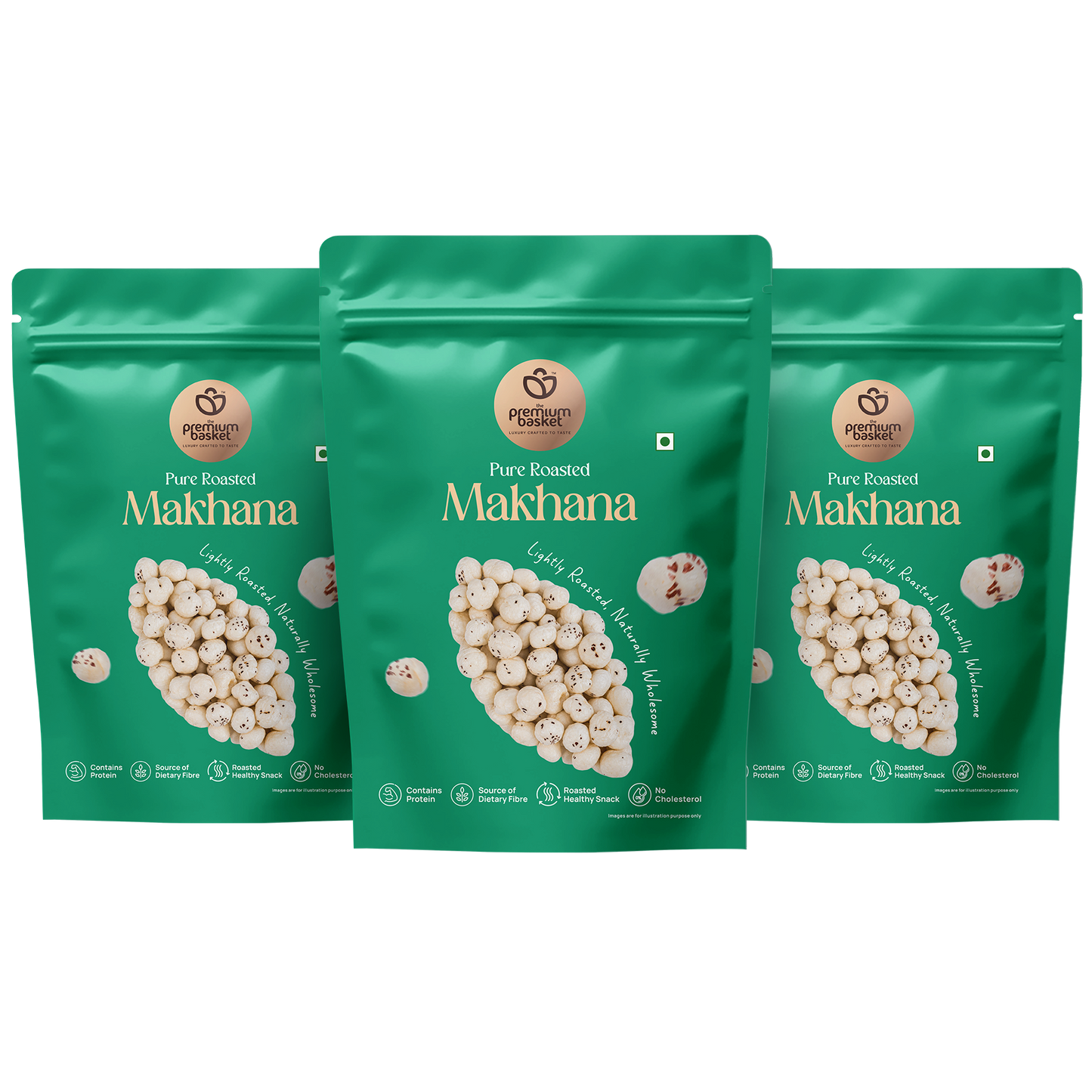 Roasted makhana snack in green stand-up pouches, three-pack assortment
