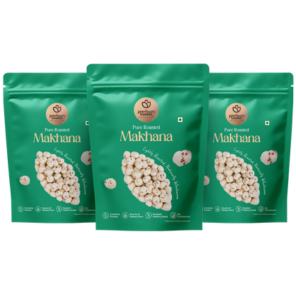 Roasted makhana snack in green stand-up pouches, three-pack assortment