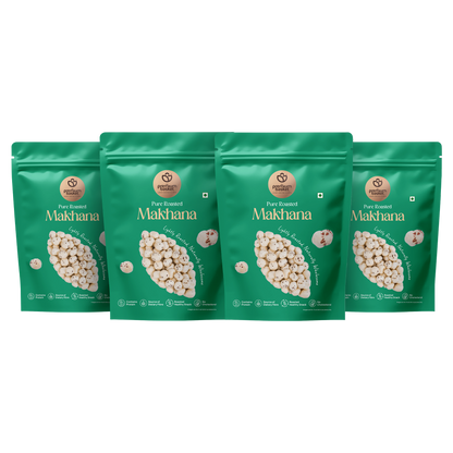 Roasted makhana snack in green stand-up pouches, four-pack assortment