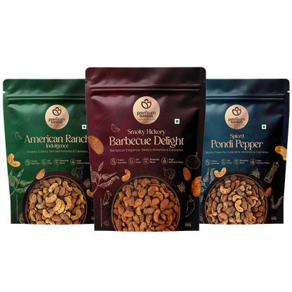 Seasoned nut trio in three pouches: American Ranch, Smoky Hickory, Spiced Pondi Pepper