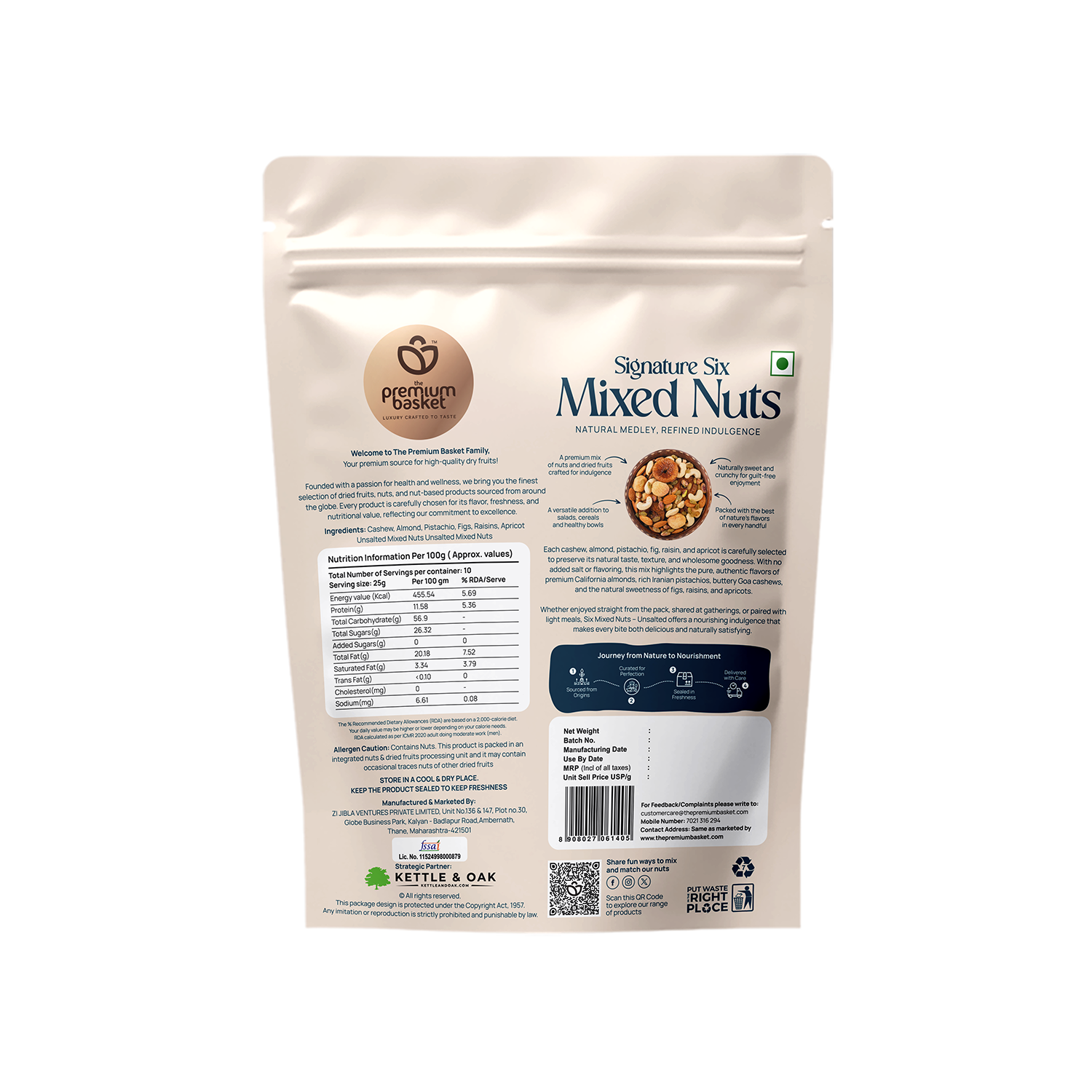 Mixed nuts pouch back panel with nutrition facts and barcode
