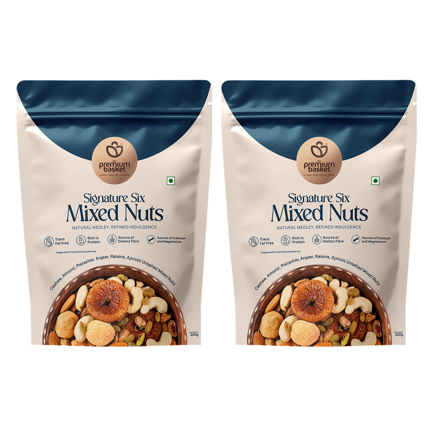 Two mixed nuts pouches with blue tops and white fronts, side-by-side