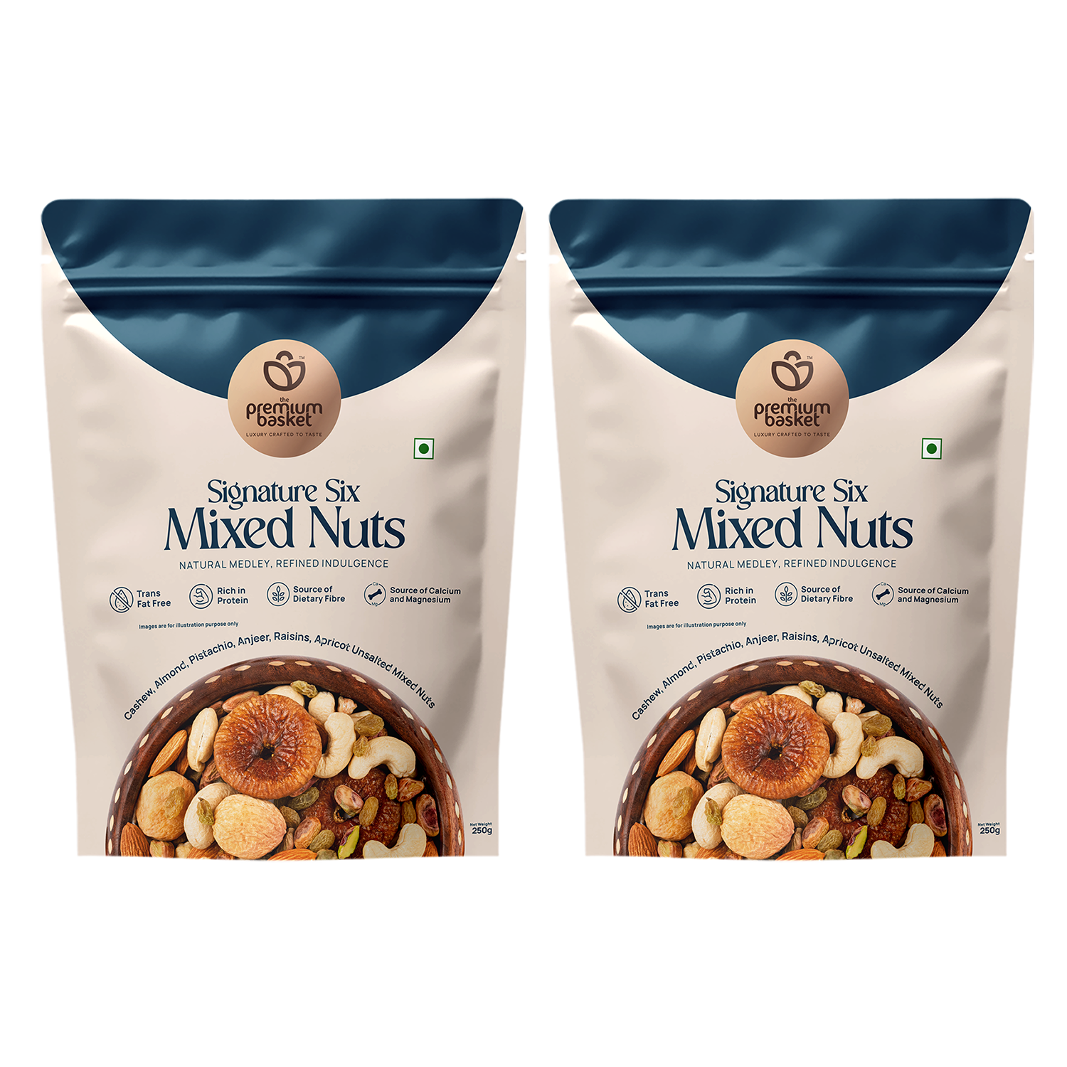 Two mixed nuts pouches with blue tops and white fronts, side-by-side