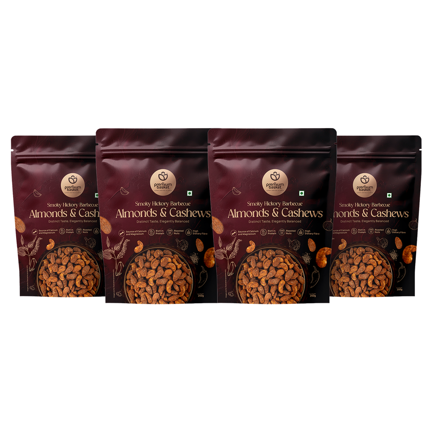 Smoky hickory barbecue almonds & cashews snack bags, five sealed packs in maroon