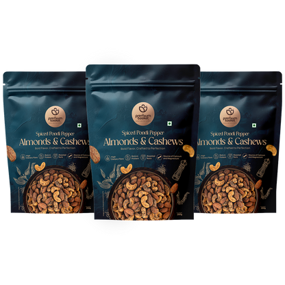 Spiced pondi pepper almonds & cashews snack pouches, three pack lineup