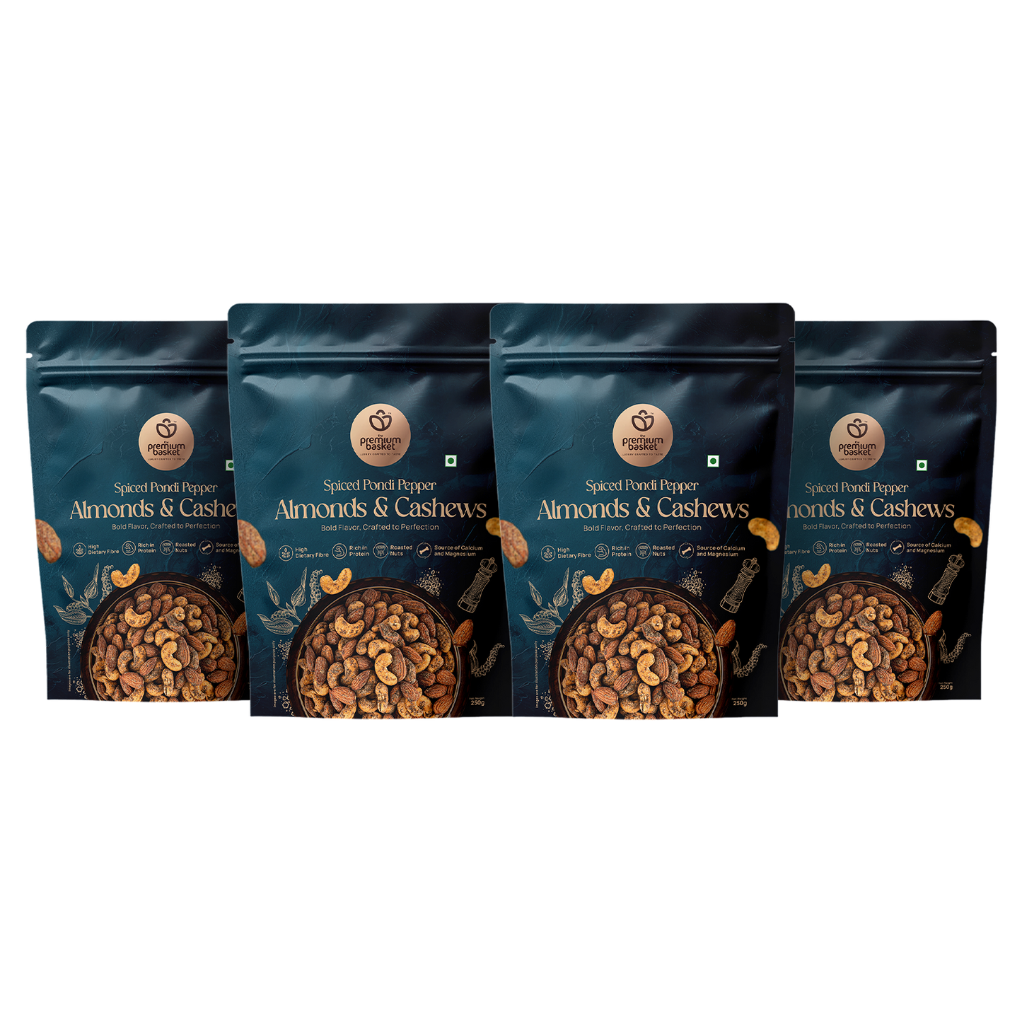 Spiced pondi pepper almonds & cashews snack pouches, four pack lineup