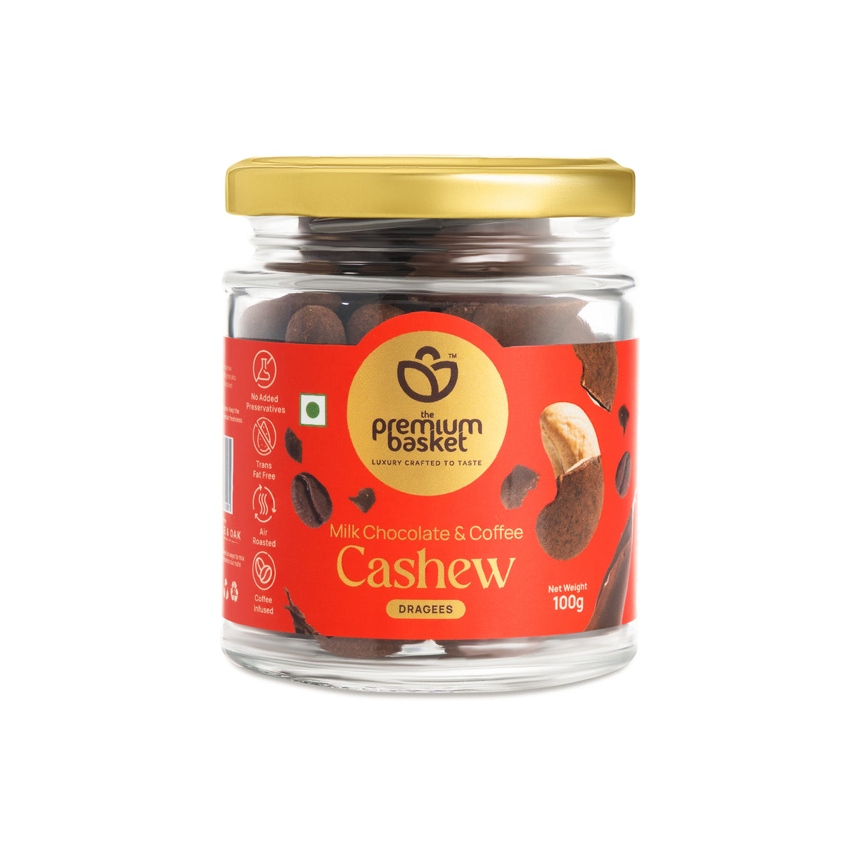 Milk chocolate coffee cashew jar with gold lid and red front label