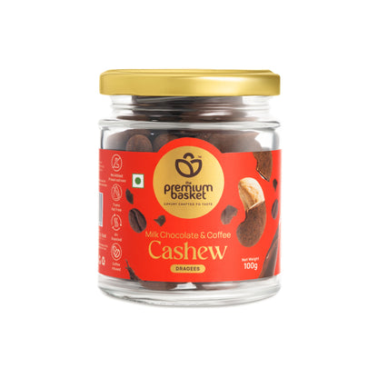 Milk chocolate coffee cashew jar with gold lid and red front label