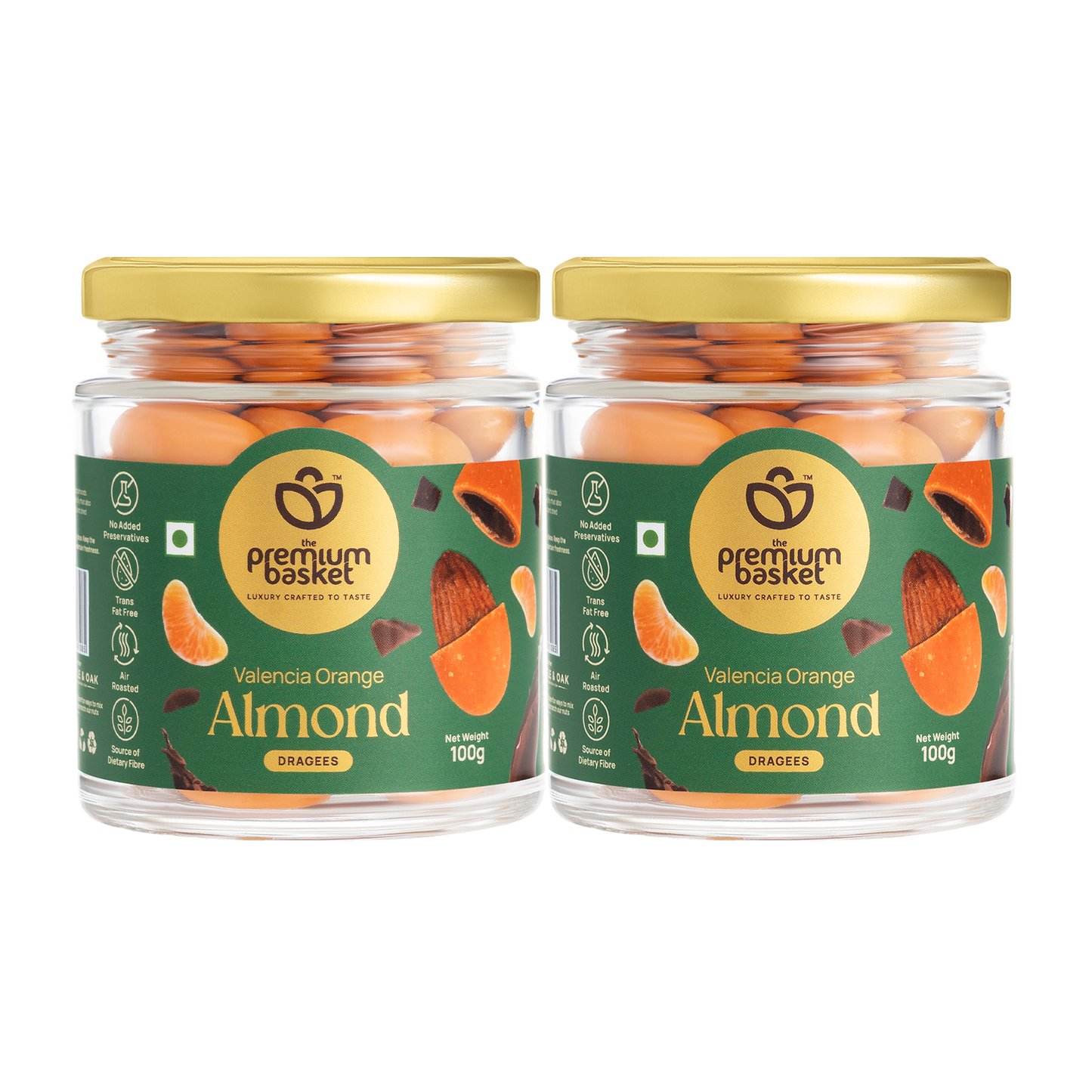 Two Valencia orange almond jars with gold lids and green labels