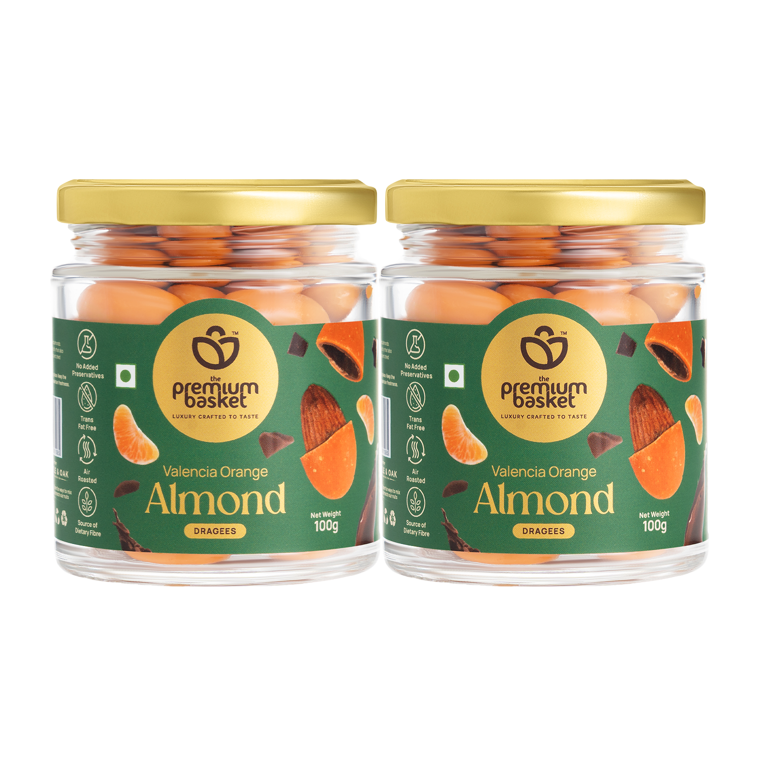 Two Valencia orange almond jars with gold lids and green labels