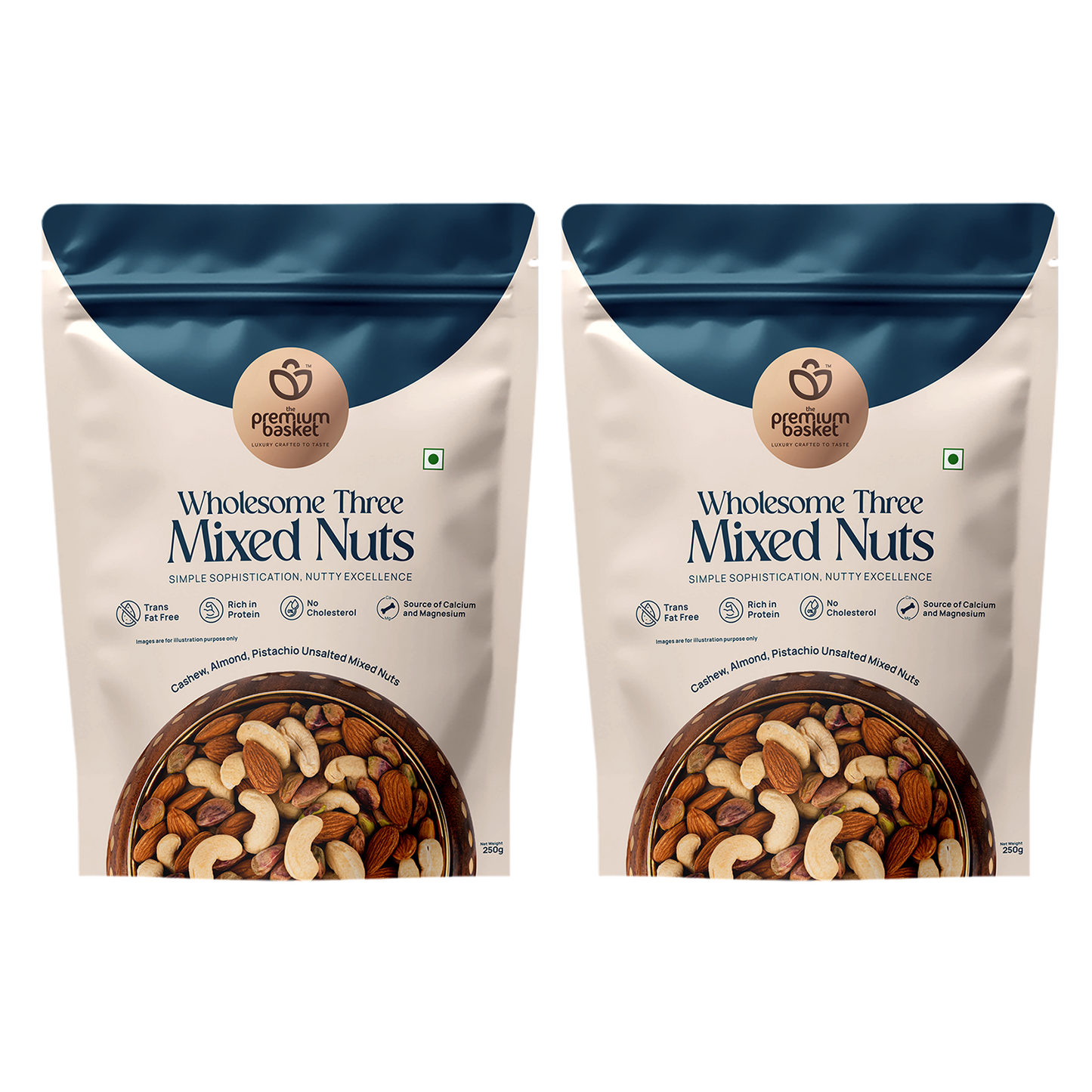 Wholesome Three Mixed Nuts pouch, front view with nut mix pictured at the bottom