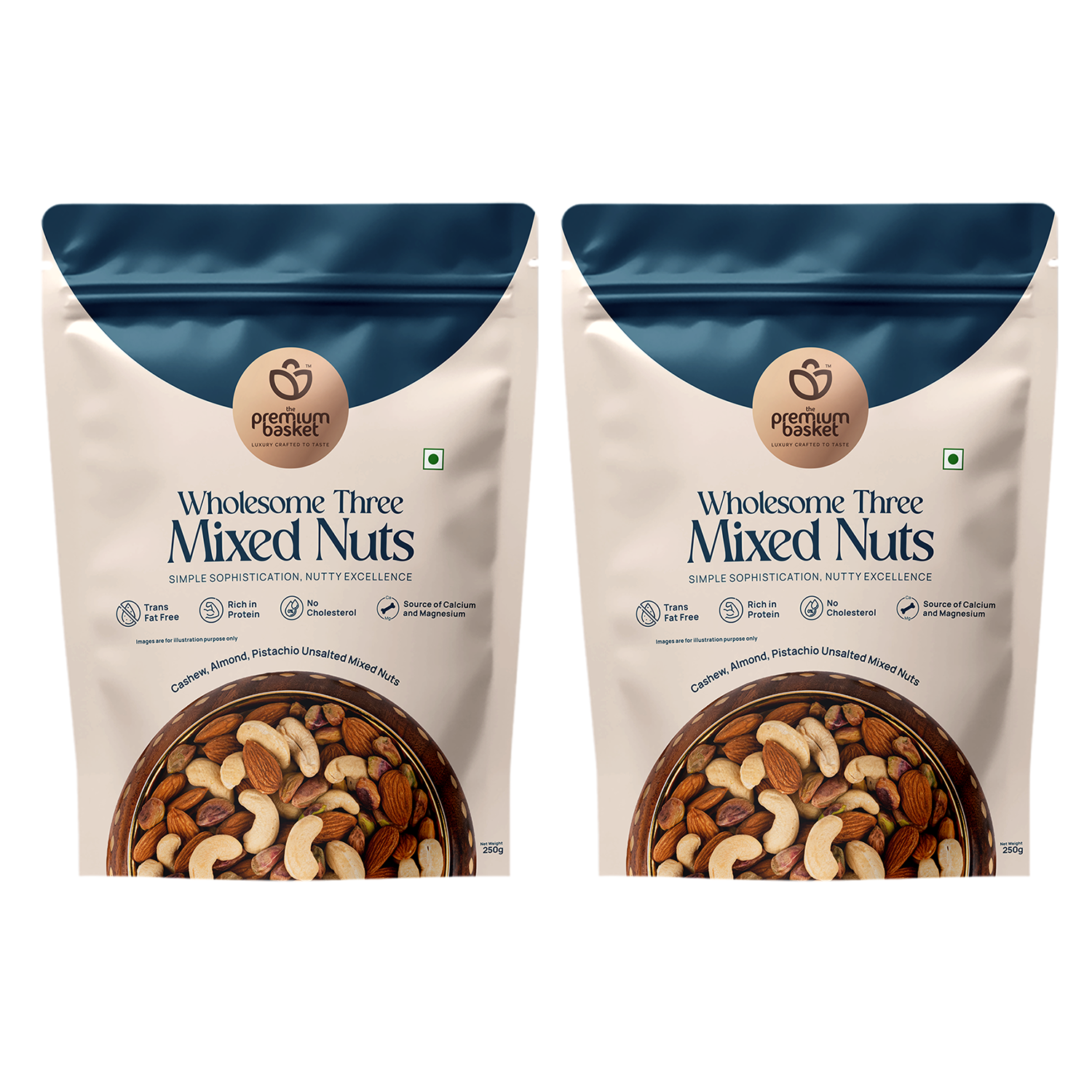Wholesome Three Mixed Nuts pouch, front view with nut mix pictured at the bottom